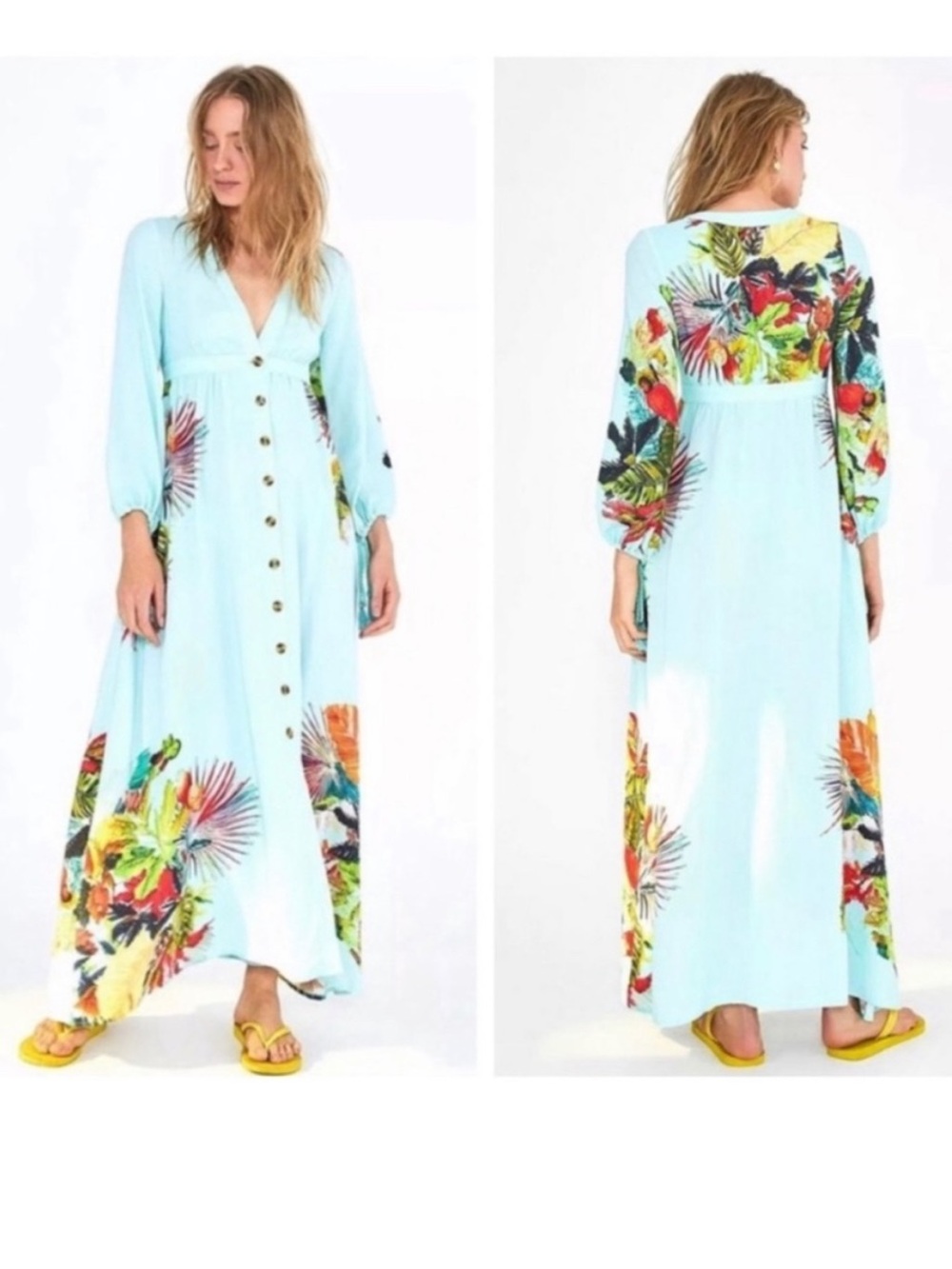 FARM Rio Light Blue Maxi Dress with Tropical Floral Print